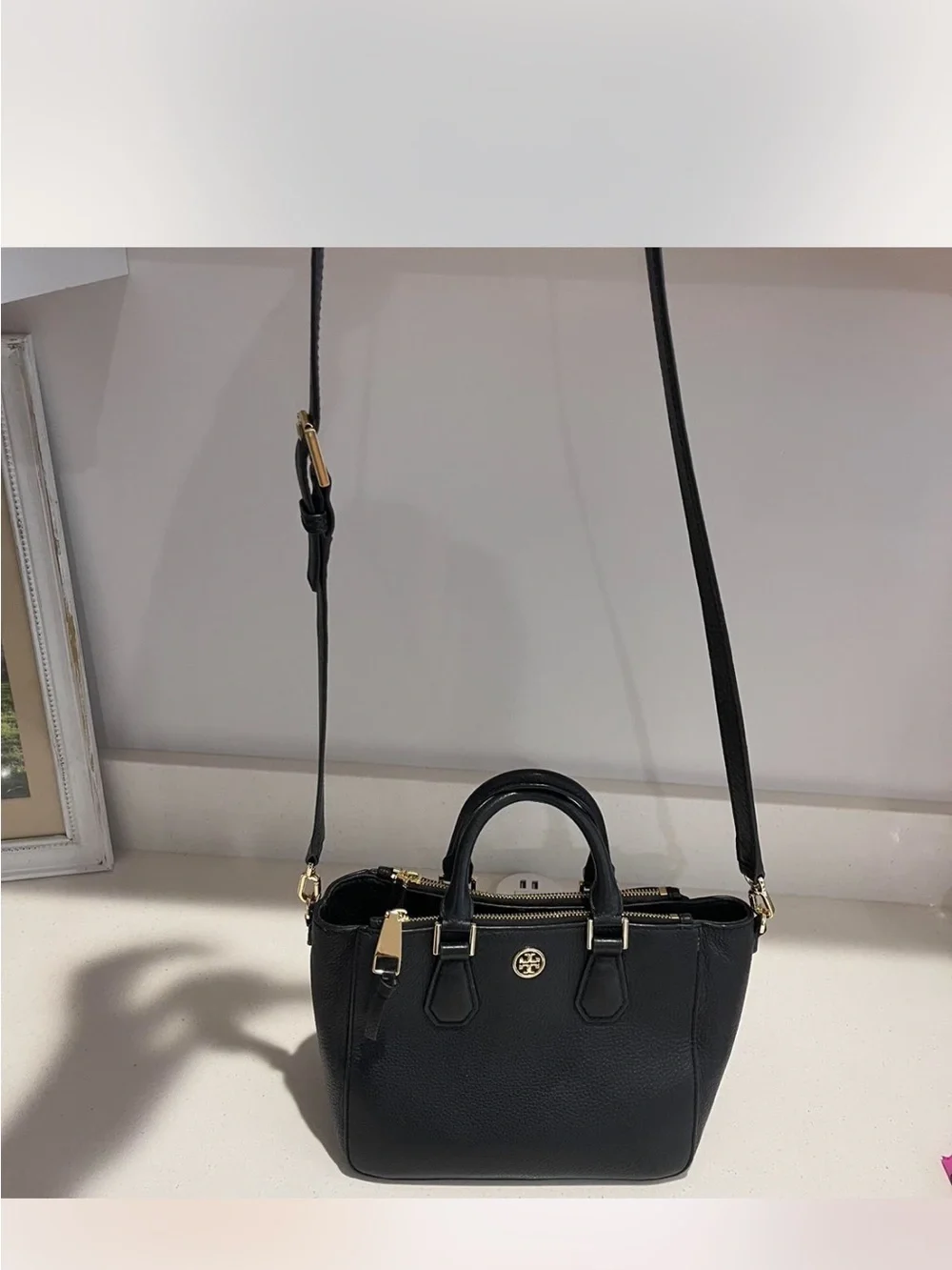 Tory Burch Black Pebbled Leather Double-Zip Crossbody Bag